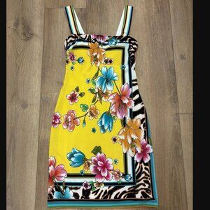 VTG! Y2K 🌟CACHE🌟 FLORAL TIGER PRINT KNIT BODY CON DRESS GOLD YELLOW SZ 2